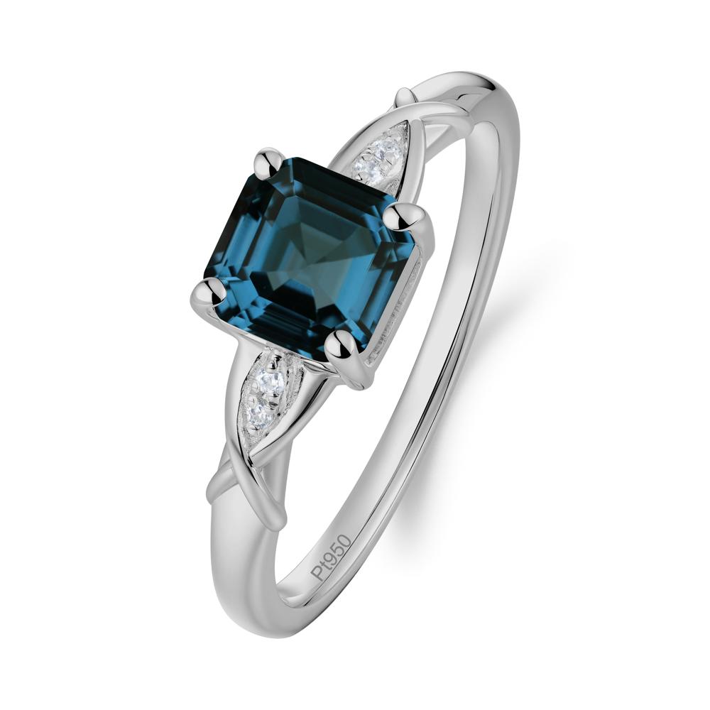 Asscher Cut London Blue Topaz Solitaire Ring with Criss-Cross Band - LUO Jewelry #metal_platinum