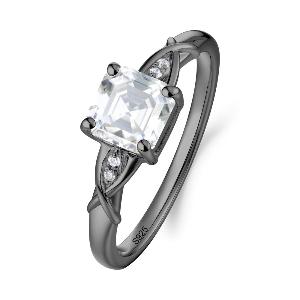 Asscher Cut Moissanite Solitaire Ring with Criss-Cross Band - LUO Jewelry #metal_black finish sterling silver