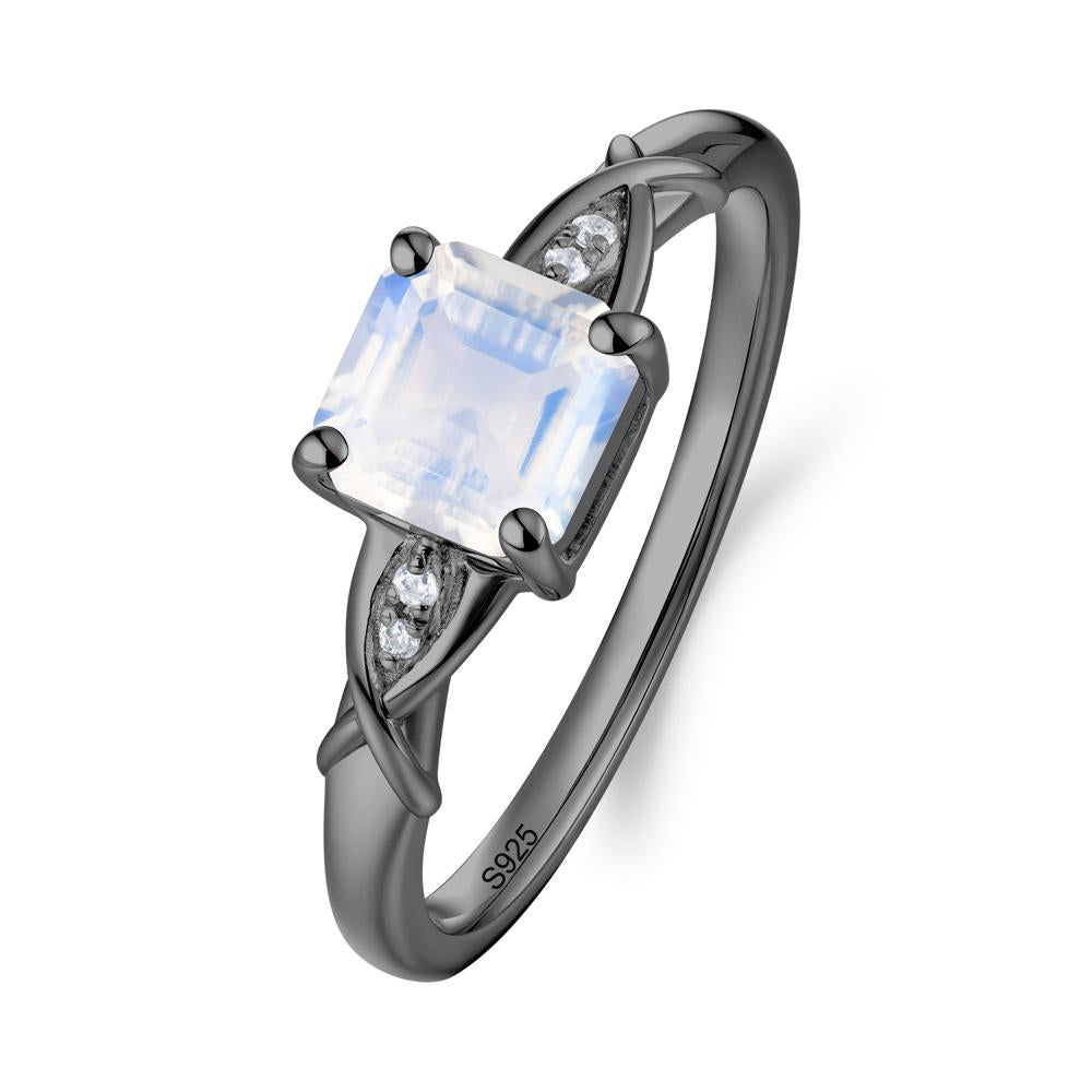 Asscher Cut Moonstone Solitaire Ring with Criss-Cross Band - LUO Jewelry #metal_black finish sterling silver