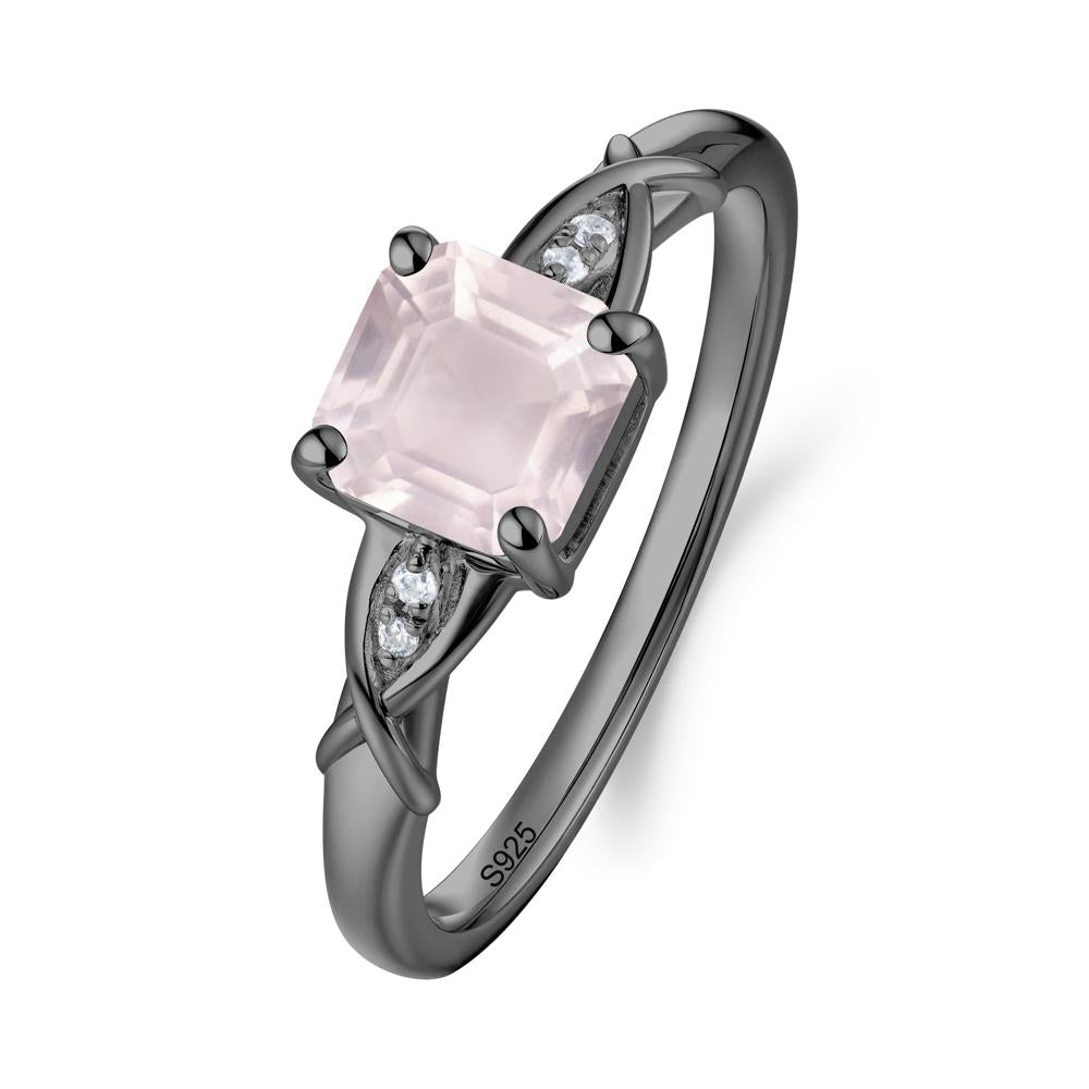 Asscher Cut Rose Quartz Solitaire Ring with Criss-Cross Band - LUO Jewelry #metal_black finish sterling silver