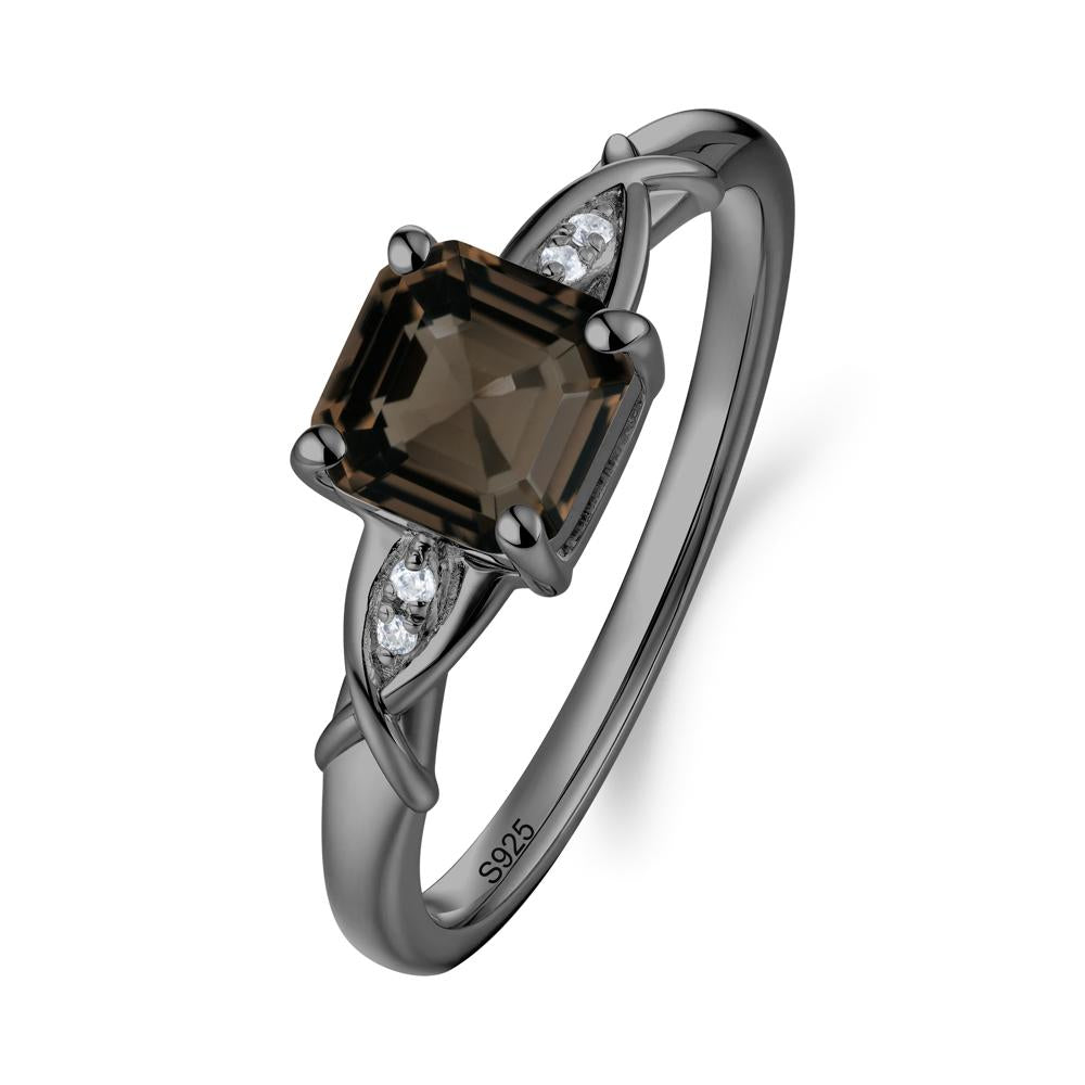 Asscher Cut Smoky Quartz Solitaire Ring with Criss-Cross Band - LUO Jewelry #metal_black finish sterling silver