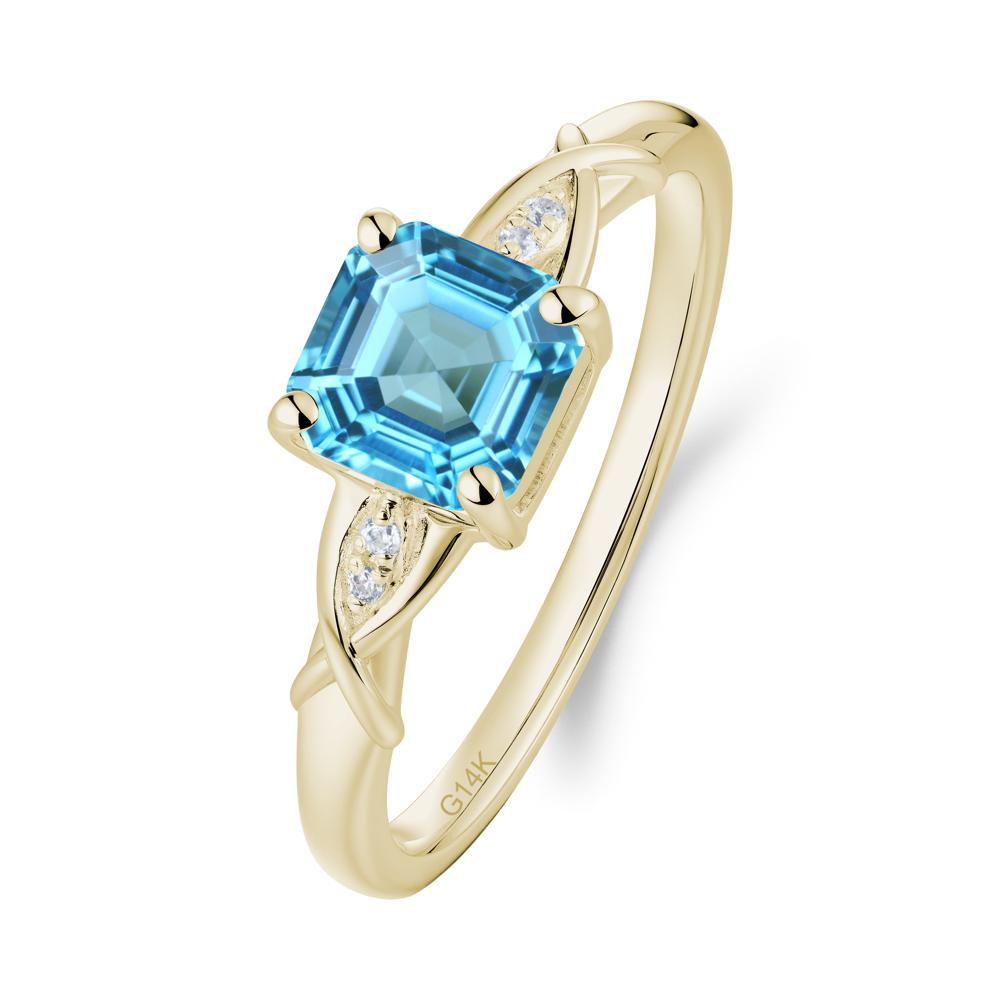 Asscher Cut Swiss Blue Topaz Solitaire Ring with Criss-Cross Band - LUO Jewelry #metal_14k yellow gold