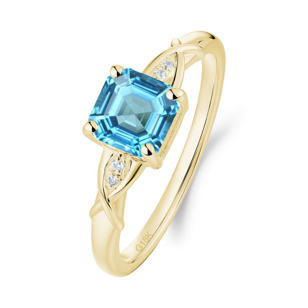 Asscher Cut Swiss Blue Topaz Solitaire Ring with Criss-Cross Band - LUO Jewelry #metal_18k yellow gold