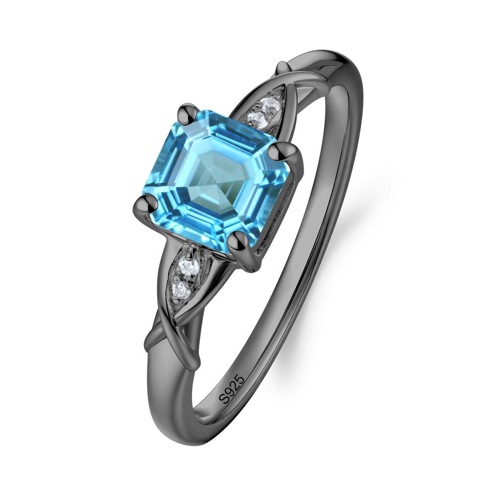 Asscher Cut Swiss Blue Topaz Solitaire Ring with Criss-Cross Band - LUO Jewelry #metal_black finish sterling silver