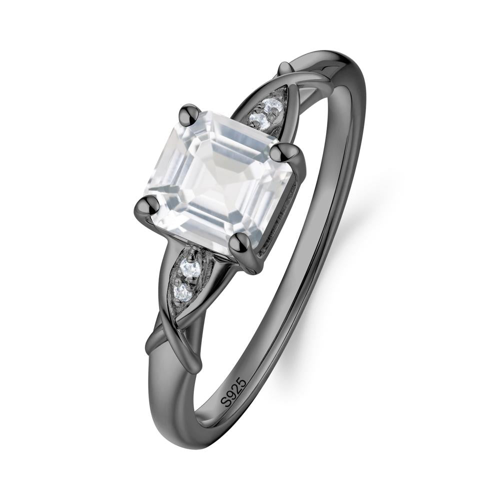 Asscher Cut White Topaz Solitaire Ring with Criss-Cross Band - LUO Jewelry #metal_black finish sterling silver