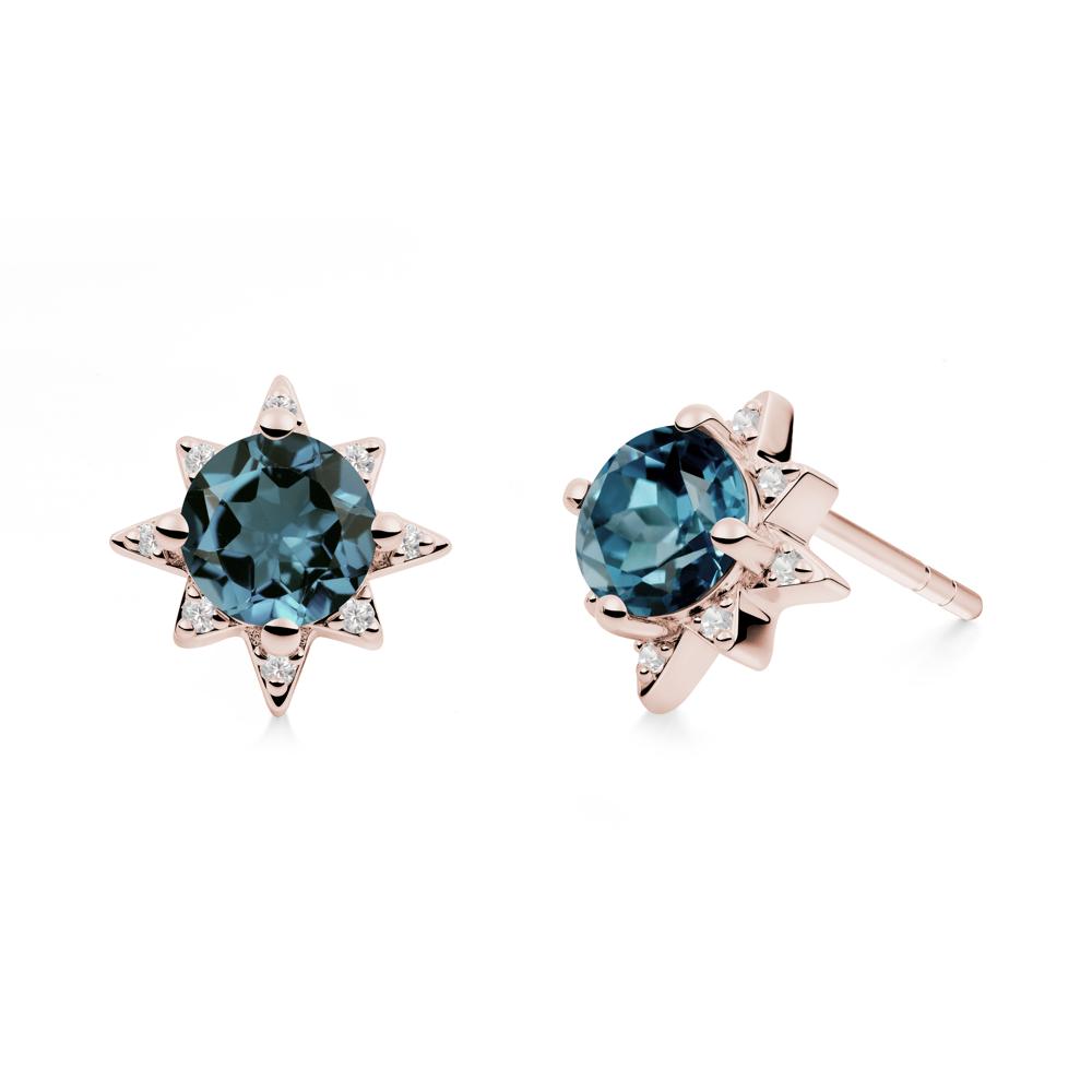 Round London Blue Topaz Sunburst Stud Earrings - LUO Jewelry #metal_14k rose gold