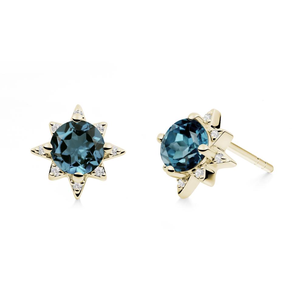 Round London Blue Topaz Sunburst Stud Earrings - LUO Jewelry #metal_14k yellow gold