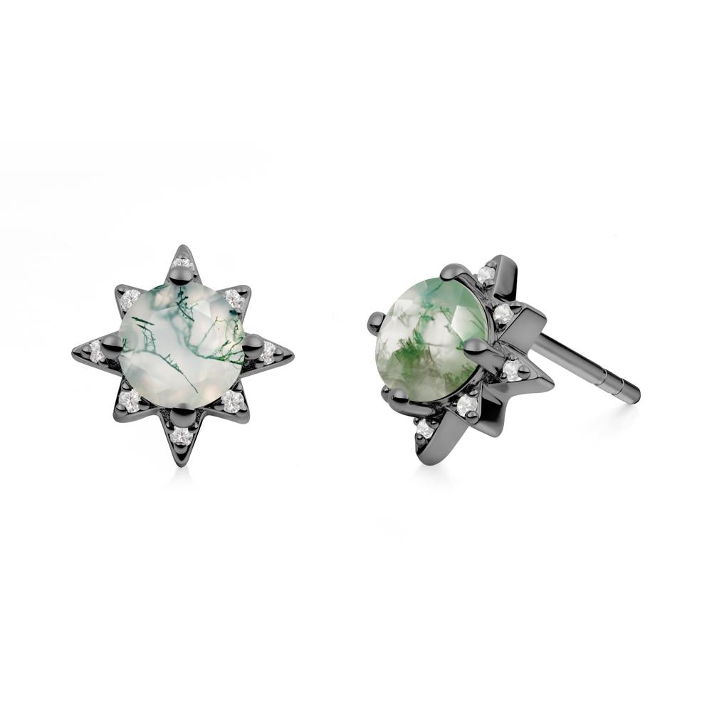 Round Moss Agate Sunburst Earrings - LUO Jewelry #metal_black finish sterling silver