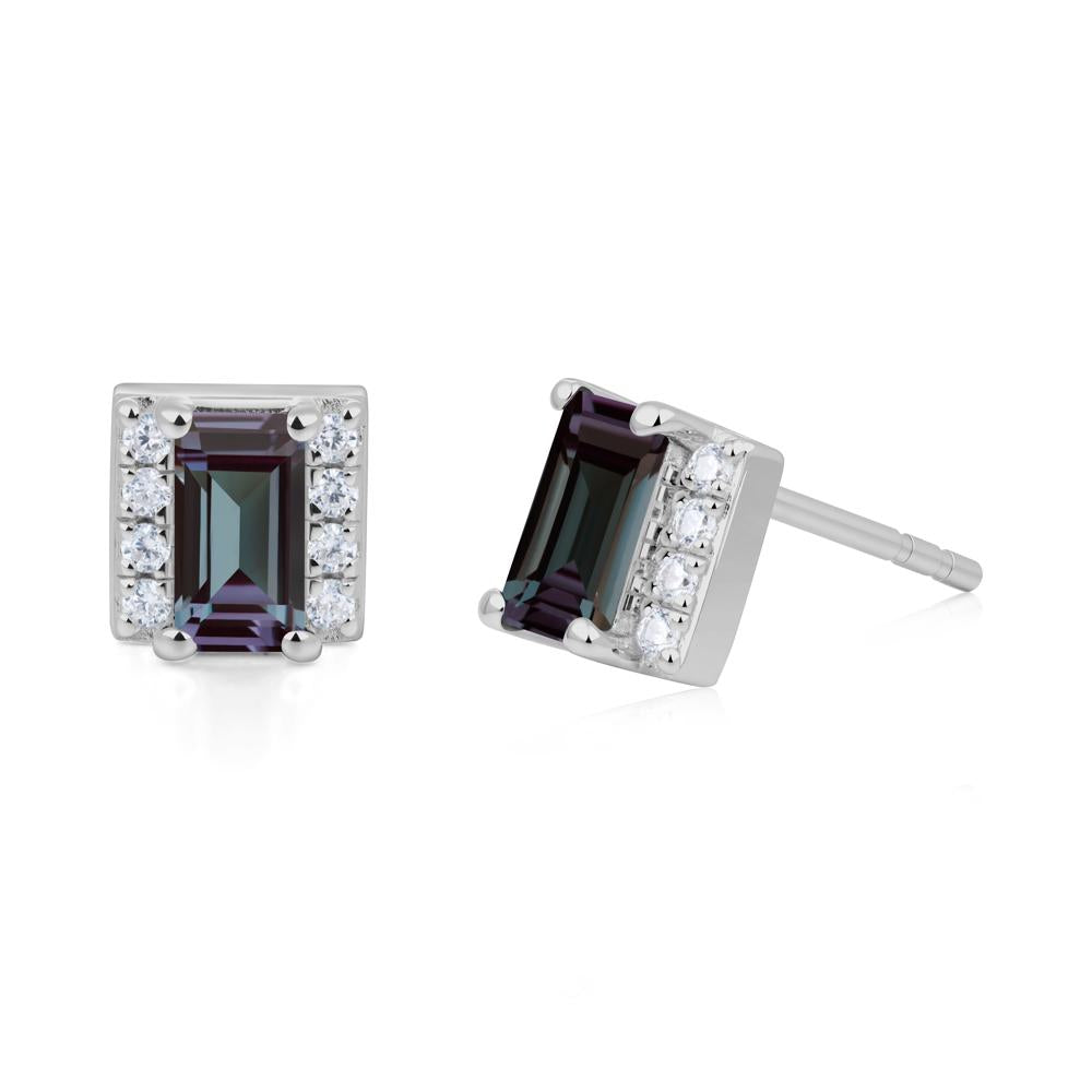 Baguette Alexandrite Stud Eaarings with Pave Side Accents - LUO Jewelry #metal_platinum