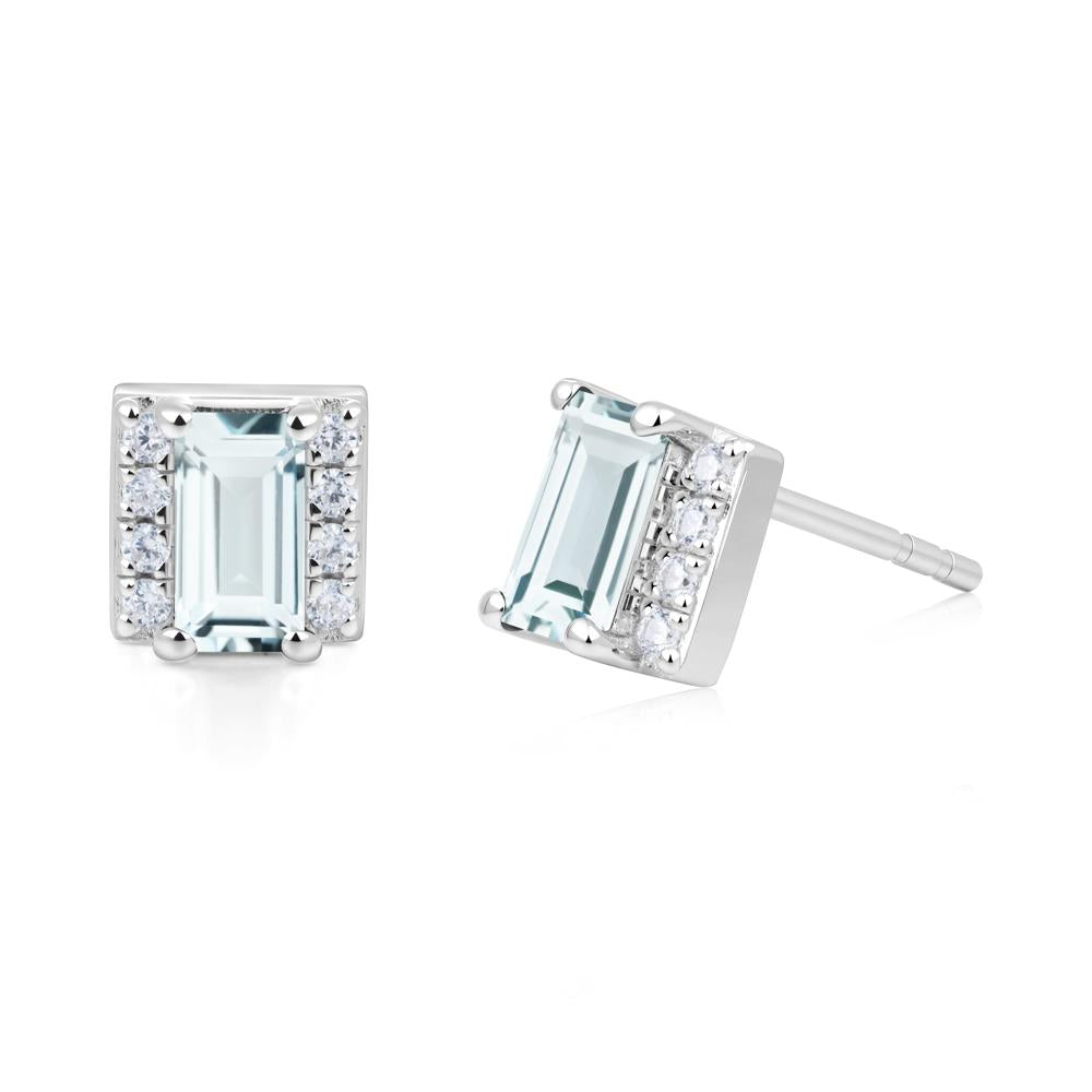 Baguette Aquamarine Halo Stud Earrings - LUO Jewelry #metal_14k white gold