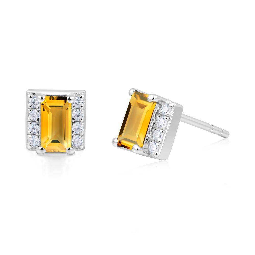 Baguette Citrine Halo Stud Earrings - LUO Jewelry #metal_14k white gold