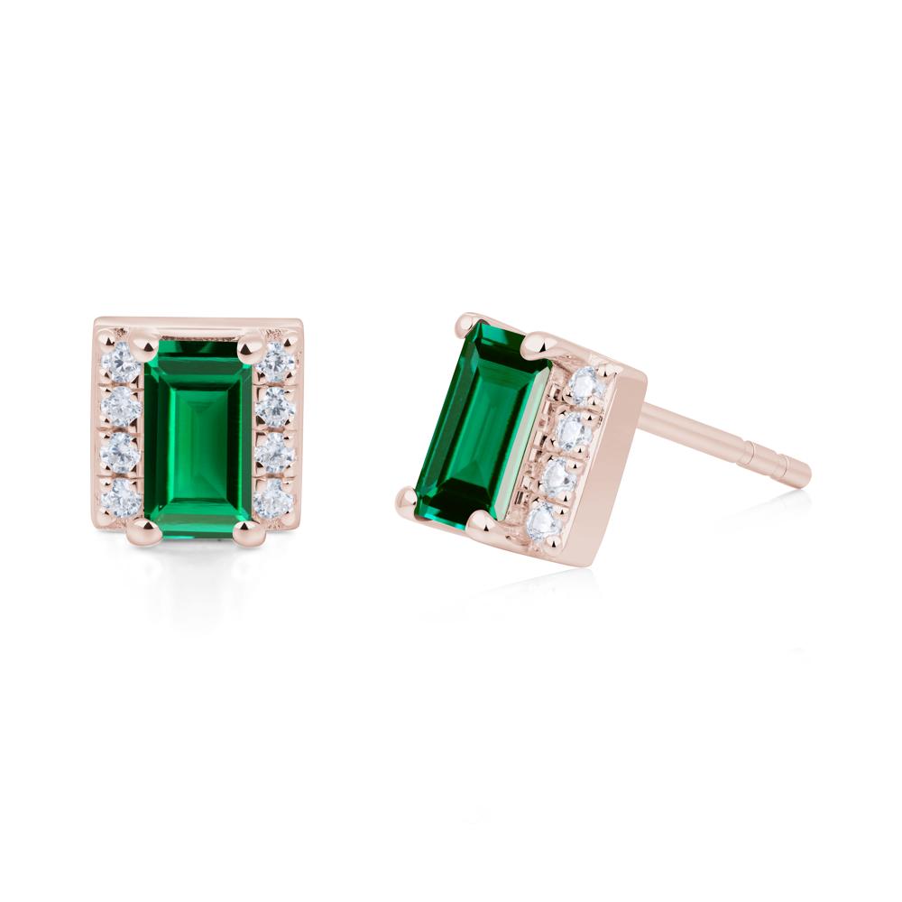 Baguette Emerald Stud Eaarings with Pave Side Accents - LUO Jewelry #metal_14k rose gold