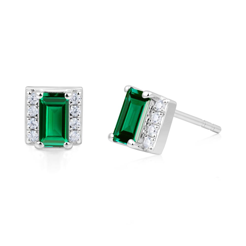 Baguette Emerald Stud Eaarings with Pave Side Accents - LUO Jewelry #metal_14k white gold