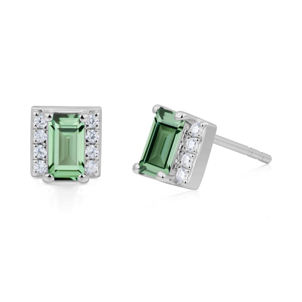 Baguette Green Sapphire Stud Eaarings with Pave Side Accents - LUO Jewelry #metal_platinum