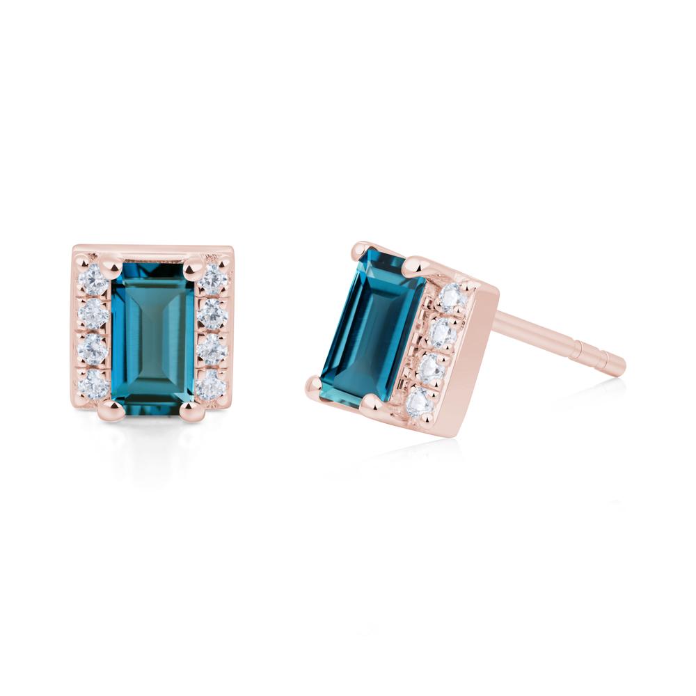 Baguette London Blue Topaz Stud Eaarings with Pave Side Accents - LUO Jewelry #metal_18k rose gold