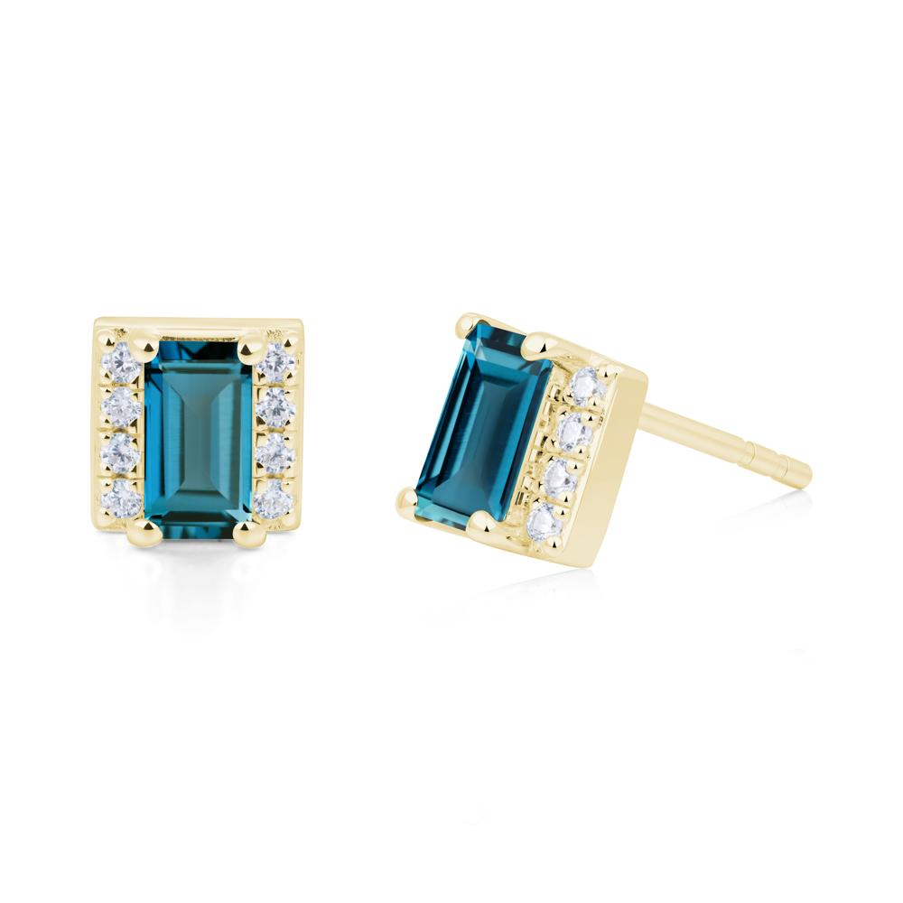 Baguette London Blue Topaz Stud Eaarings with Pave Side Accents - LUO Jewelry #metal_18k yellow gold