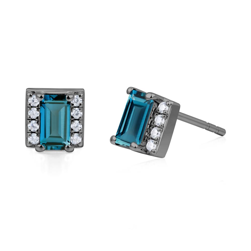 Baguette London Blue Topaz Stud Eaarings with Pave Side Accents - LUO Jewelry #metal_black finish sterling silver