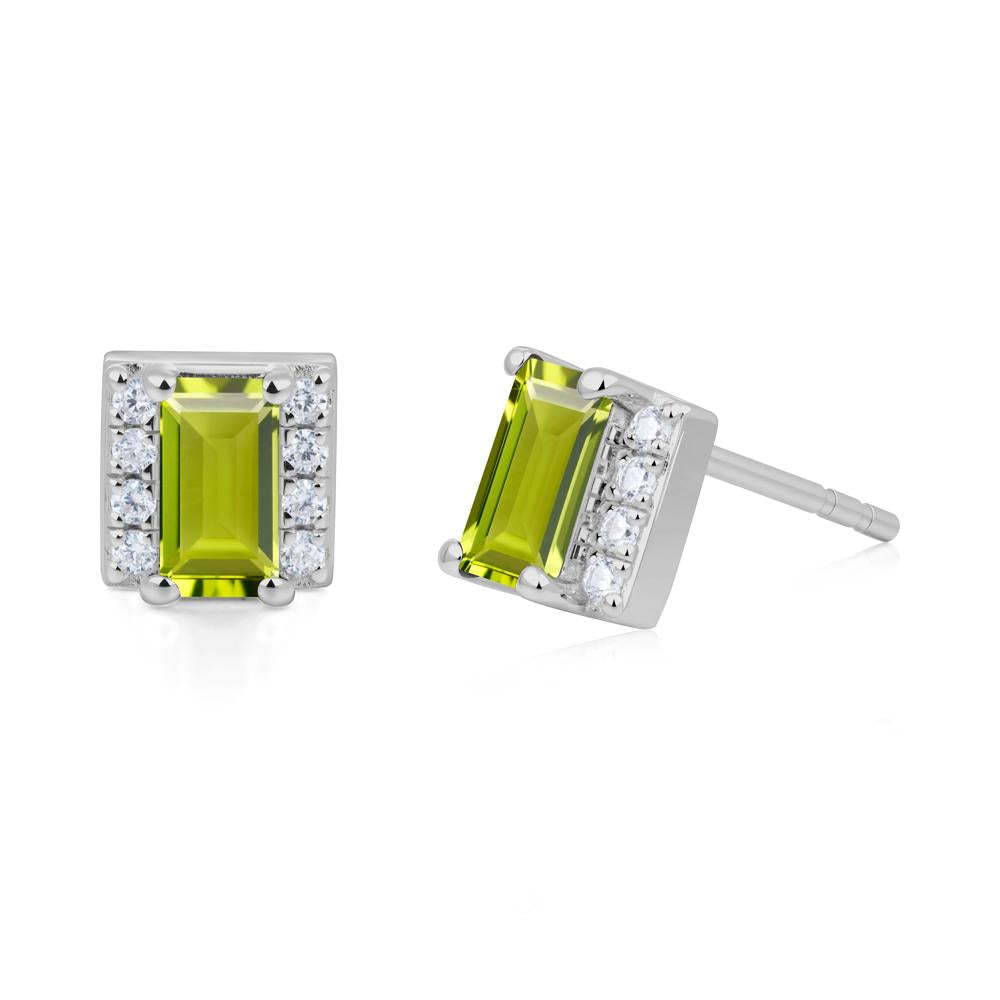 Baguette Peridot Stud Eaarings with Pave Side Accents - LUO Jewelry #metal_platinum