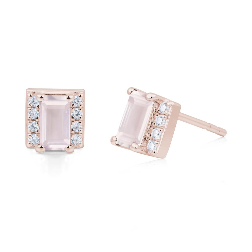 Baguette Rose Quartz Stud Eaarings with Pave Side Accents - LUO Jewelry #metal_14k rose gold