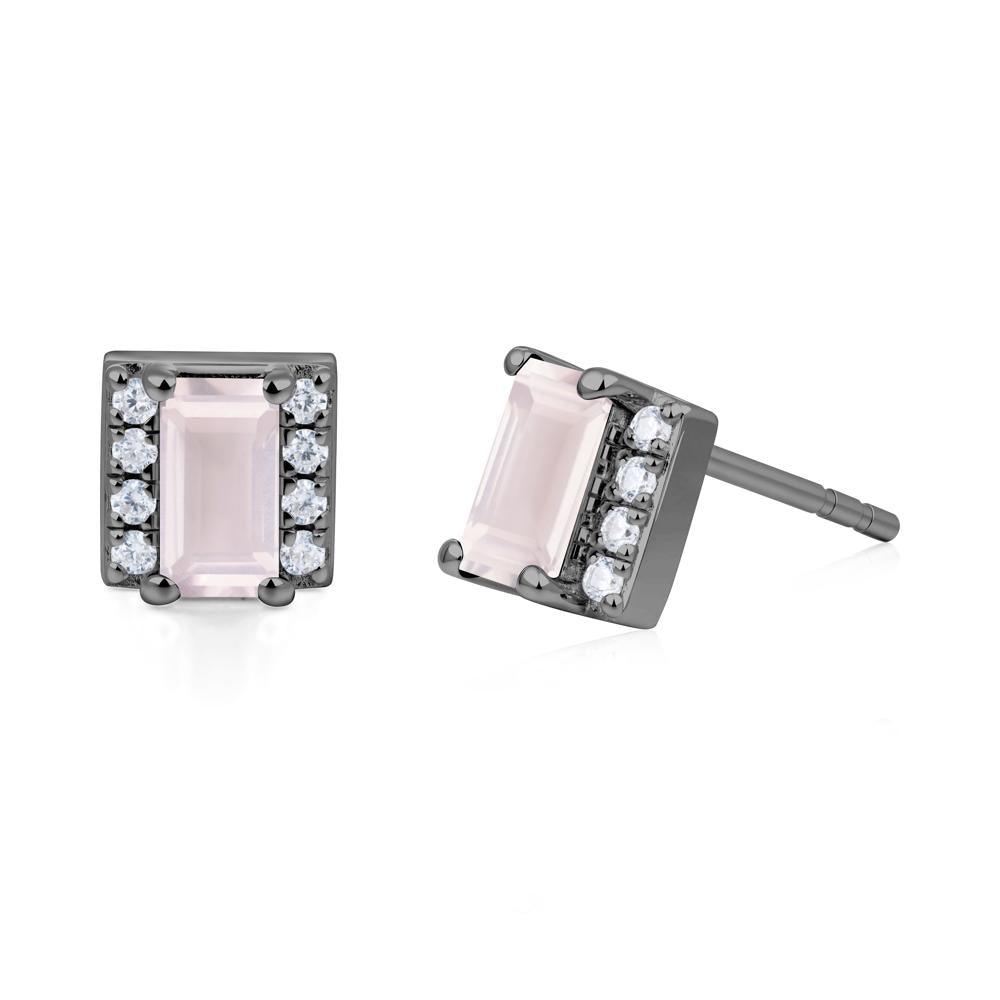 Baguette Rose Quartz Stud Eaarings with Pave Side Accents - LUO Jewelry #metal_black finish sterling silver