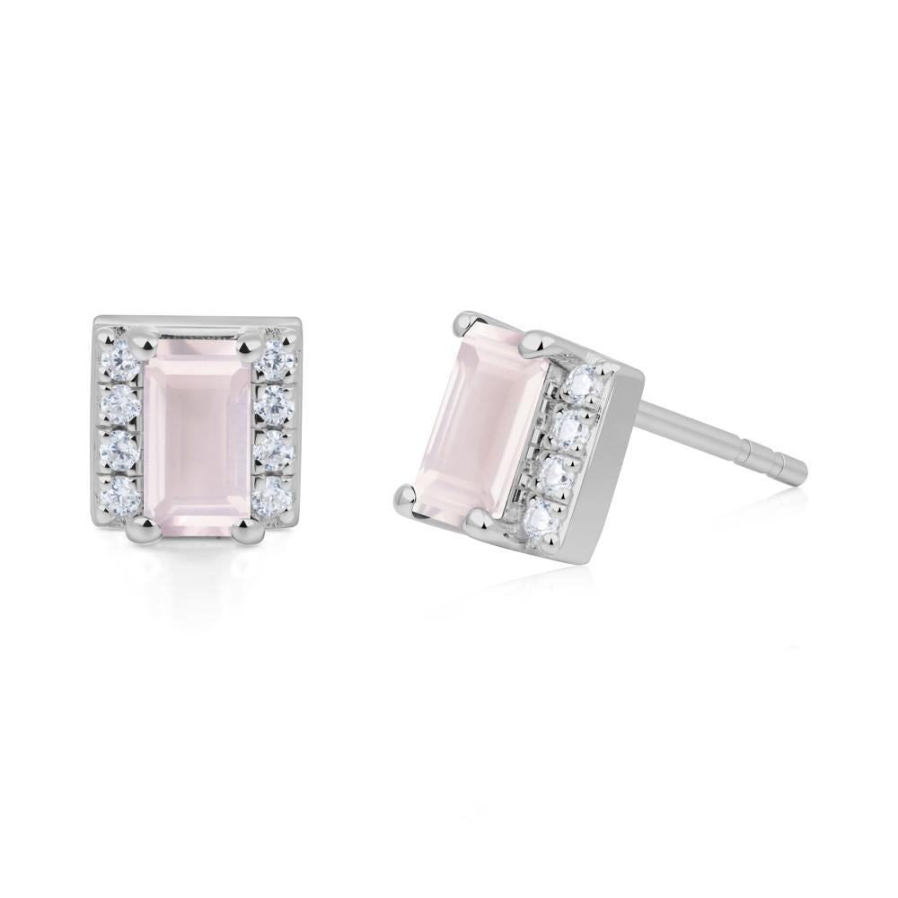 Baguette Rose Quartz Stud Eaarings with Pave Side Accents - LUO Jewelry #metal_platinum
