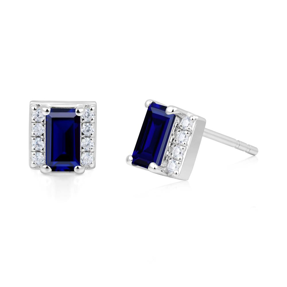 Baguette Sapphire Stud Eaarings with Pave Side Accents - LUO Jewelry #metal_18k white gold