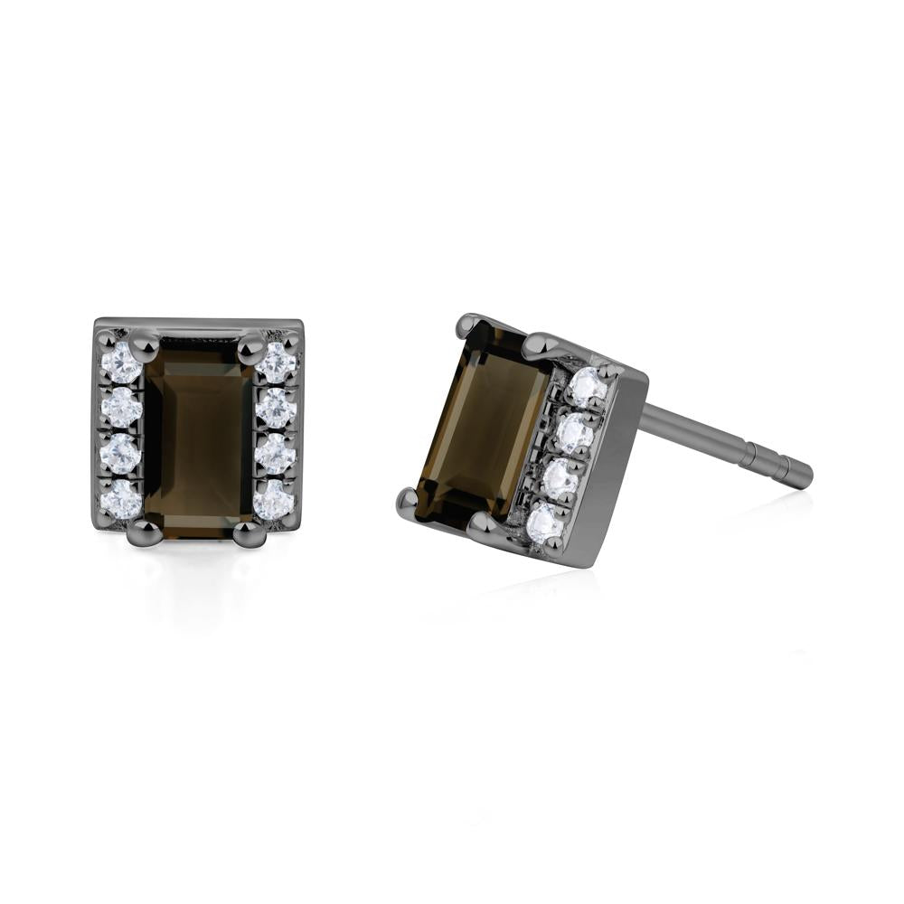Baguette Smoky Quartz Stud Eaarings with Pave Side Accents - LUO Jewelry #metal_black finish sterling silver