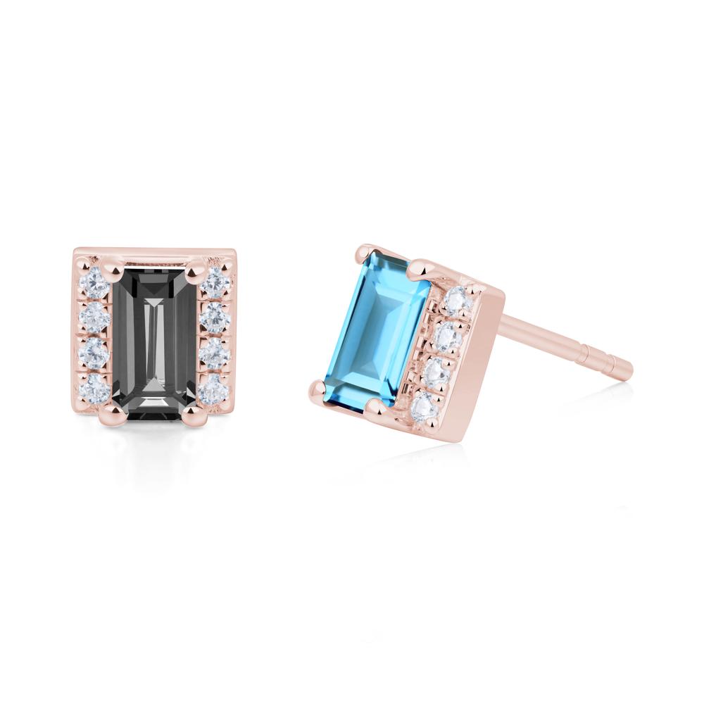Baguette Swiss Blue Topaz Halo Stud Earrings - LUO Jewelry #metal_18k rose gold