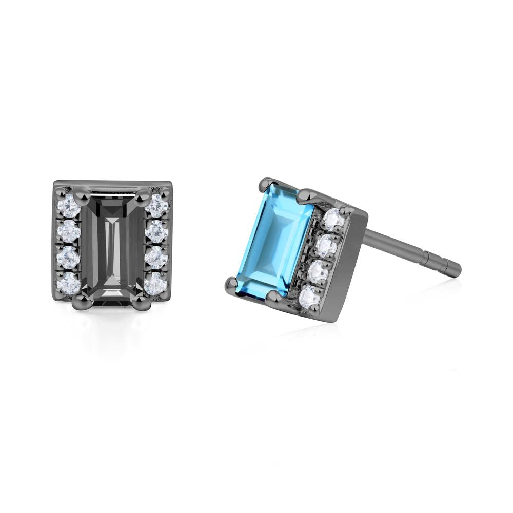 Baguette Swiss Blue Topaz Halo Stud Earrings - LUO Jewelry #metal_black finish sterling silver