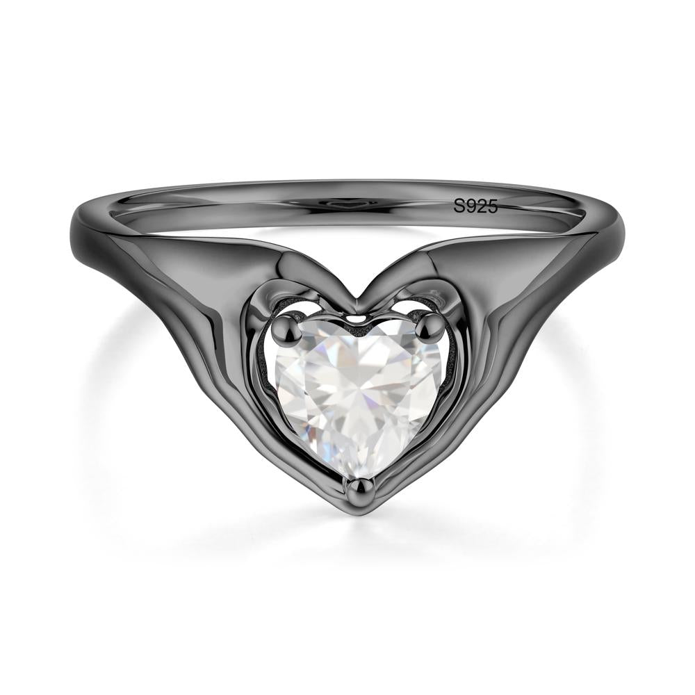 Heart Shapped Cubic Zirconia Claddagh Ring - LUO Jewelry #metal_black finish sterling silver