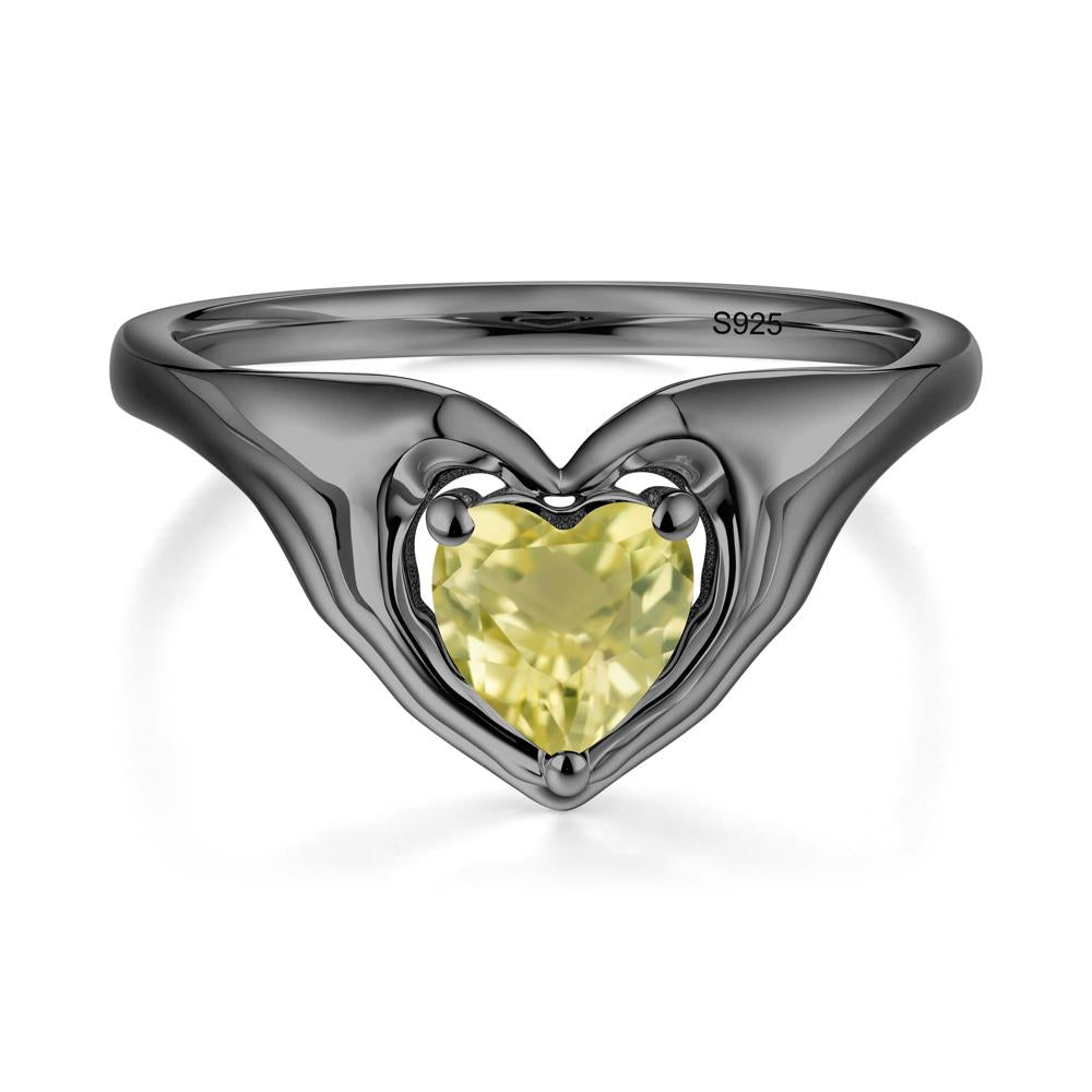 Heart Shapped Lemon Quartz Claddagh Ring - LUO Jewelry #metal_black finish sterling silver
