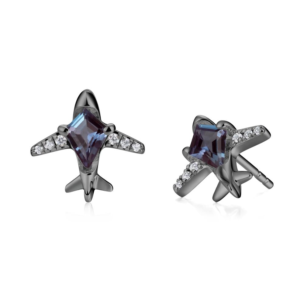 Airplane Inspired Kite Cut Alexandrite Stud Earrings - LUO Jewelry #metal_black finish sterling silver