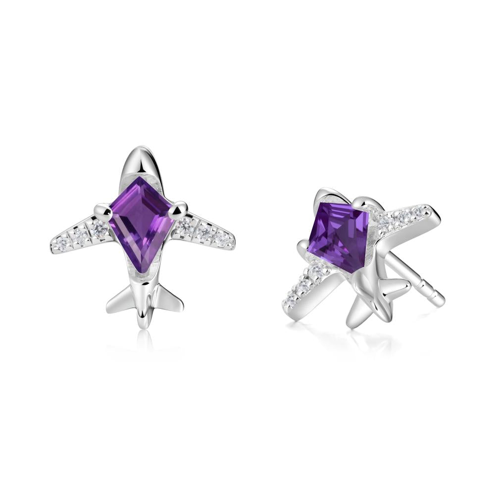 Airplane Inspired Kite Cut Amethyst Stud Earrings - LUO Jewelry #metal_14k white gold