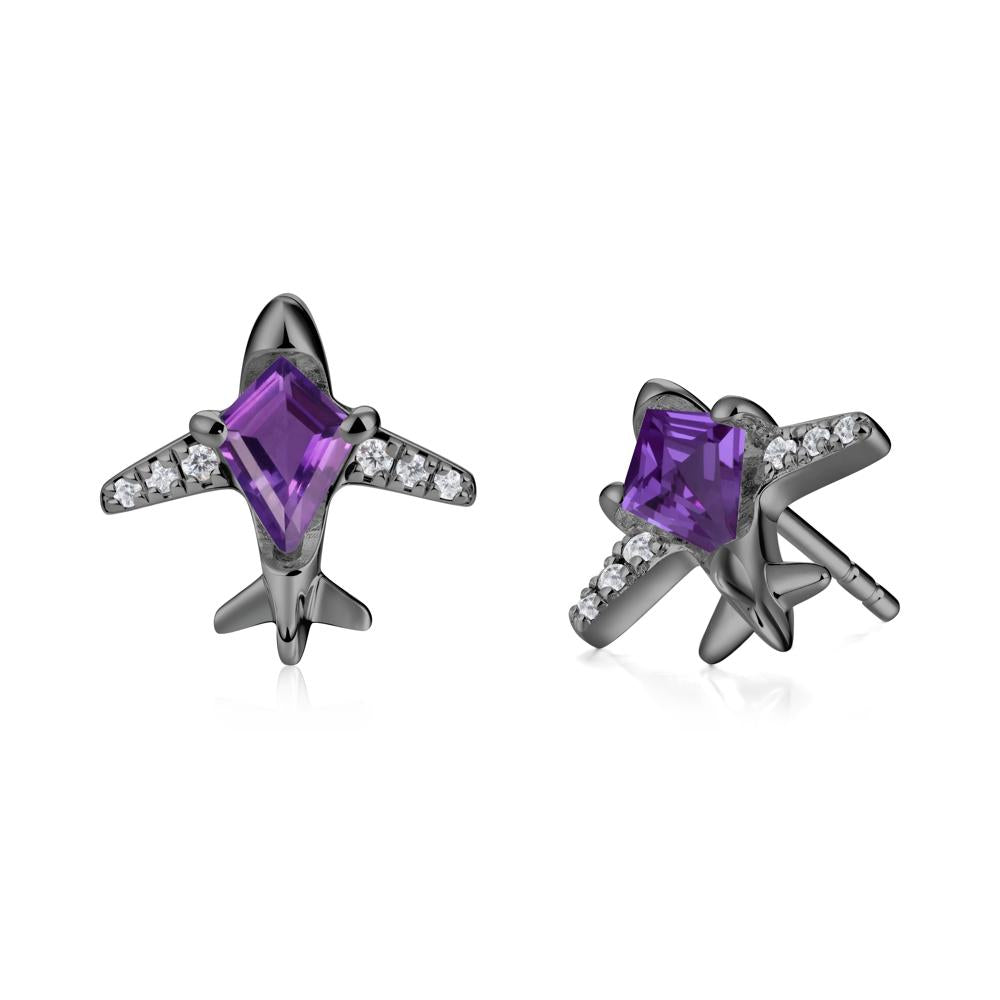 Airplane Inspired Kite Cut Amethyst Stud Earrings - LUO Jewelry #metal_black finish sterling silver