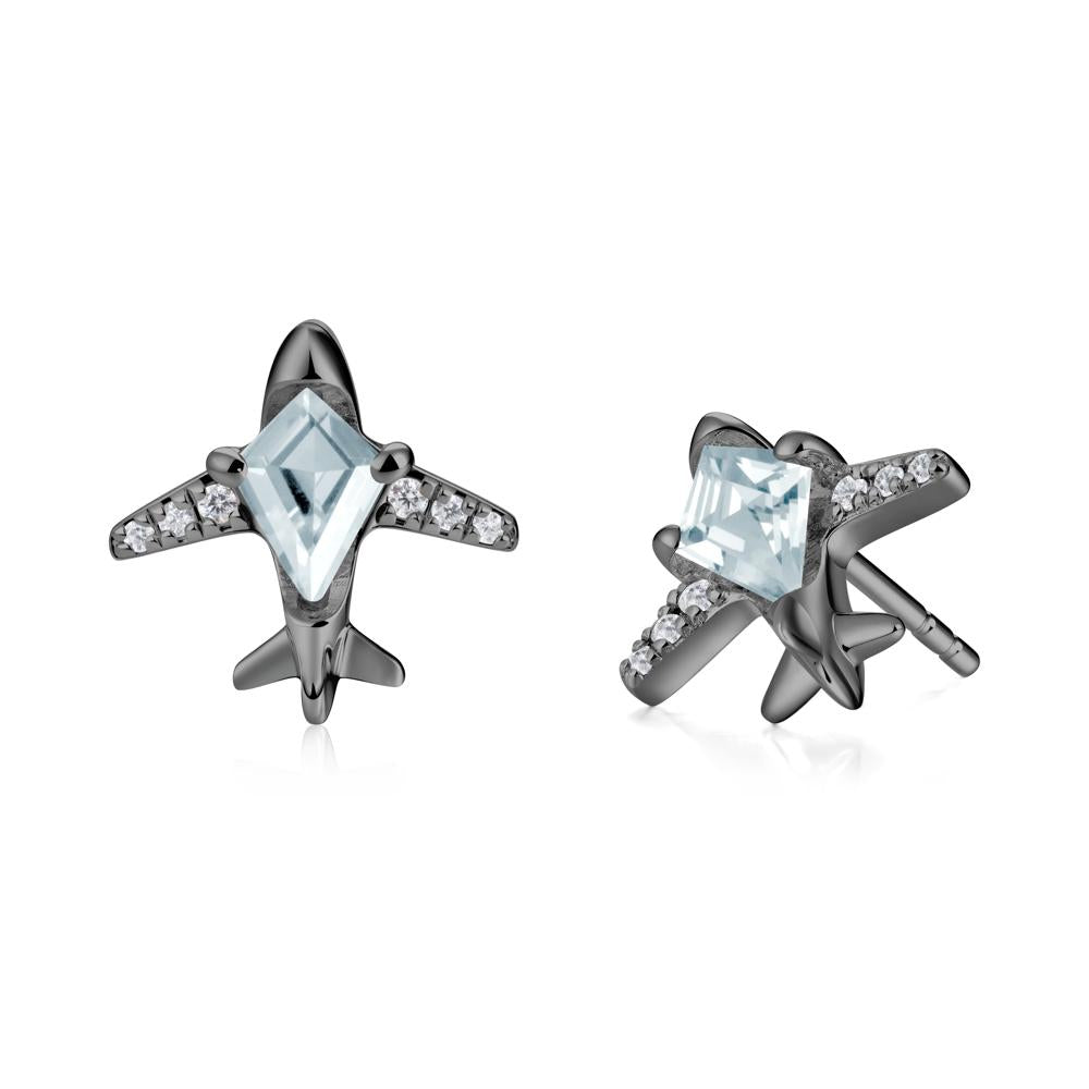 Airplane Inspired Kite Cut Aquamarine Stud Earrings - LUO Jewelry #metal_black finish sterling silver