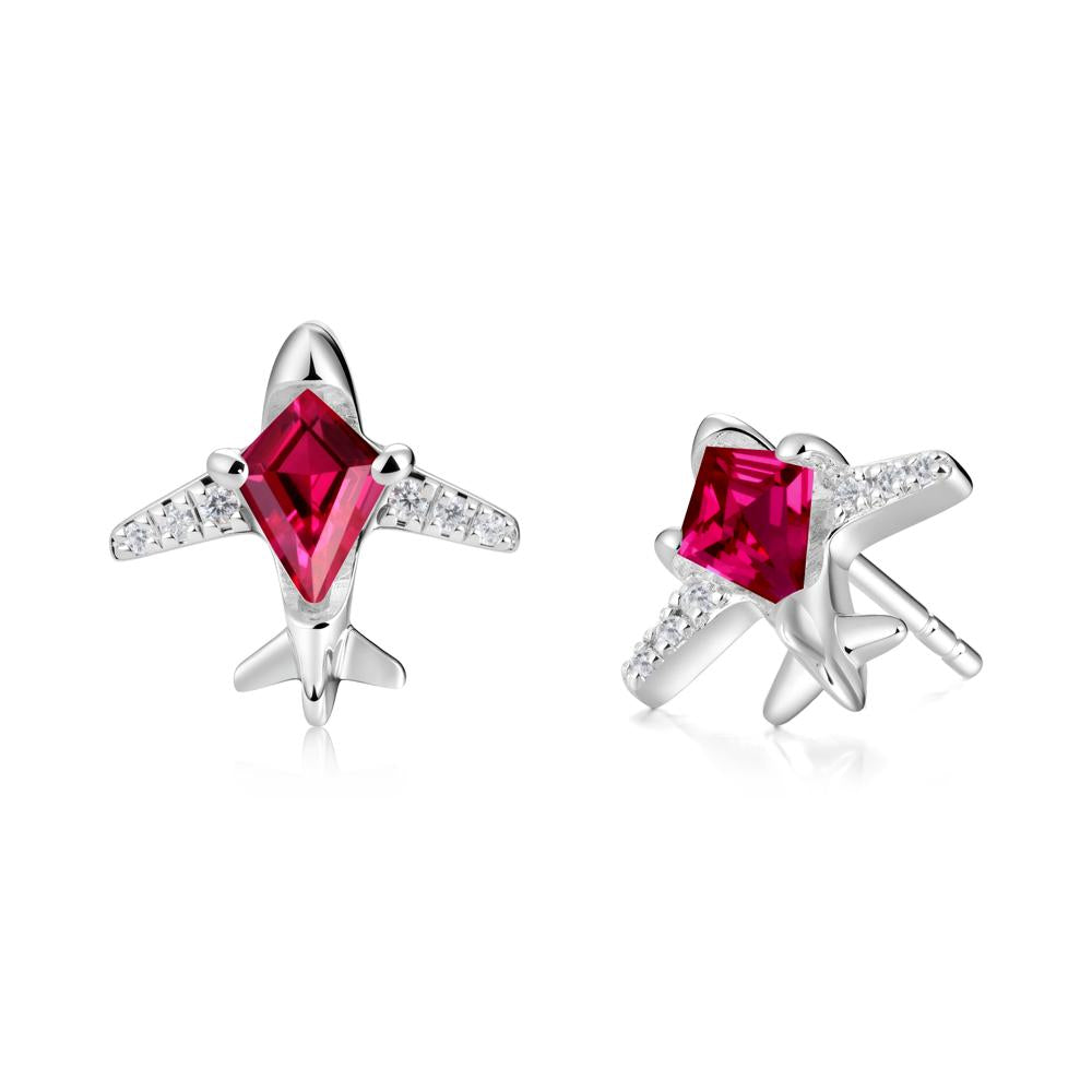 Airplane Inspired Kite Cut Ruby Stud Earrings - LUO Jewelry #metal_14k white gold