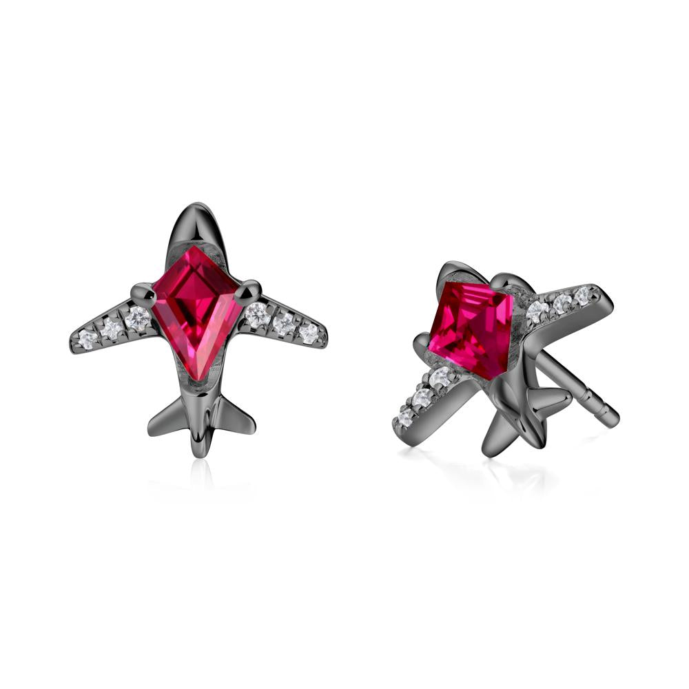 Airplane Inspired Kite Cut Ruby Stud Earrings - LUO Jewelry #metal_black finish sterling silver