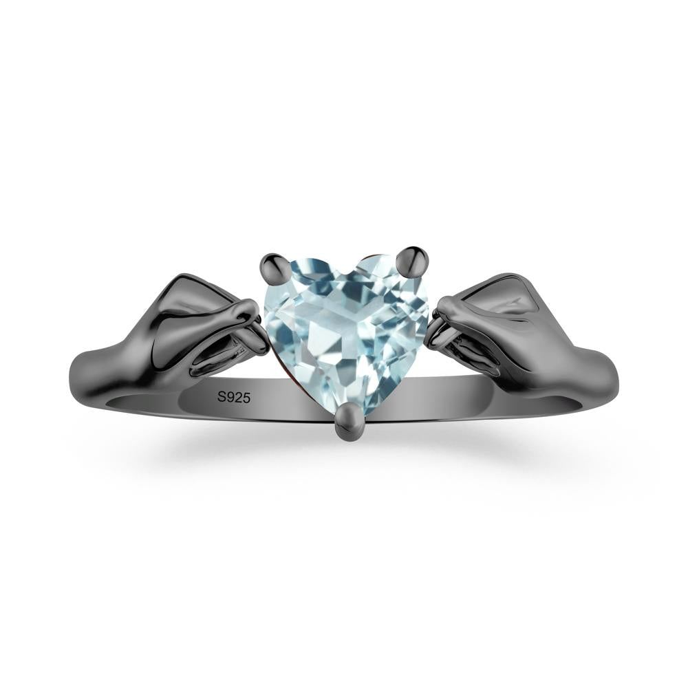 Heart Shaped Aquamarine Ring with Finger Heart - LUO Jewelry #metal_black finish sterling silver