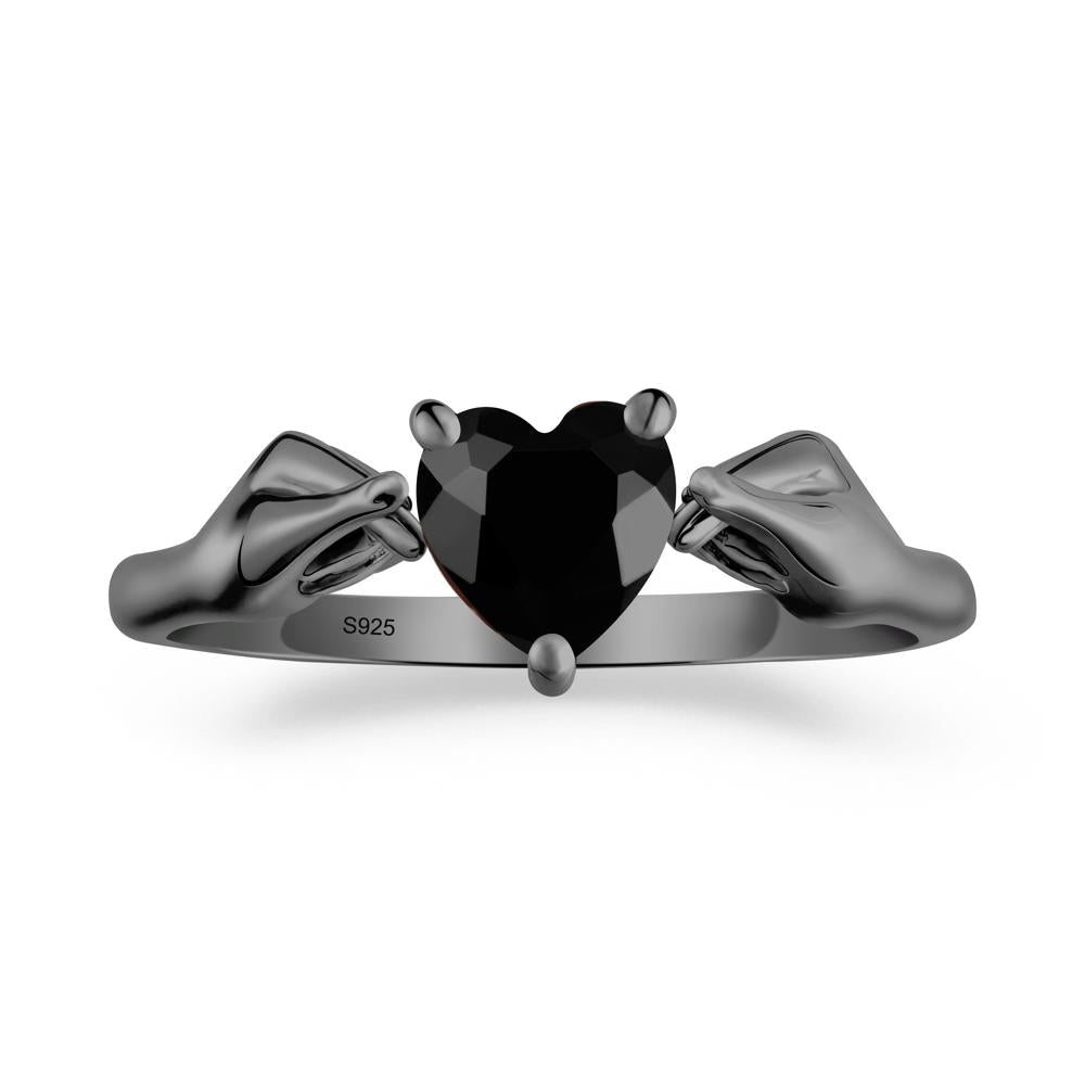 Finger Heart Black Spinel Solitaire Ring - LUO Jewelry #metal_black finish sterling silver