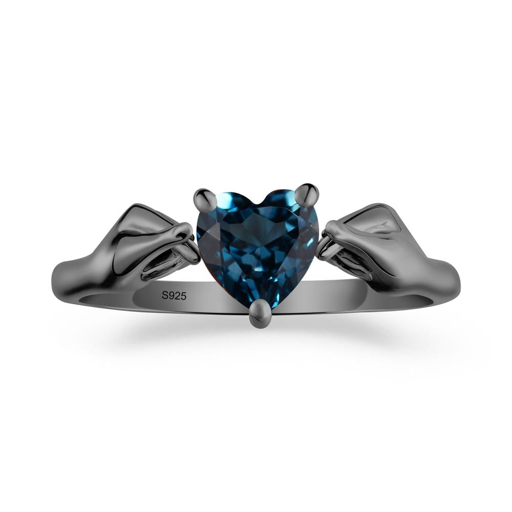Heart Shaped London Blue Topaz Ring with Finger Heart - LUO Jewelry #metal_black finish sterling silver