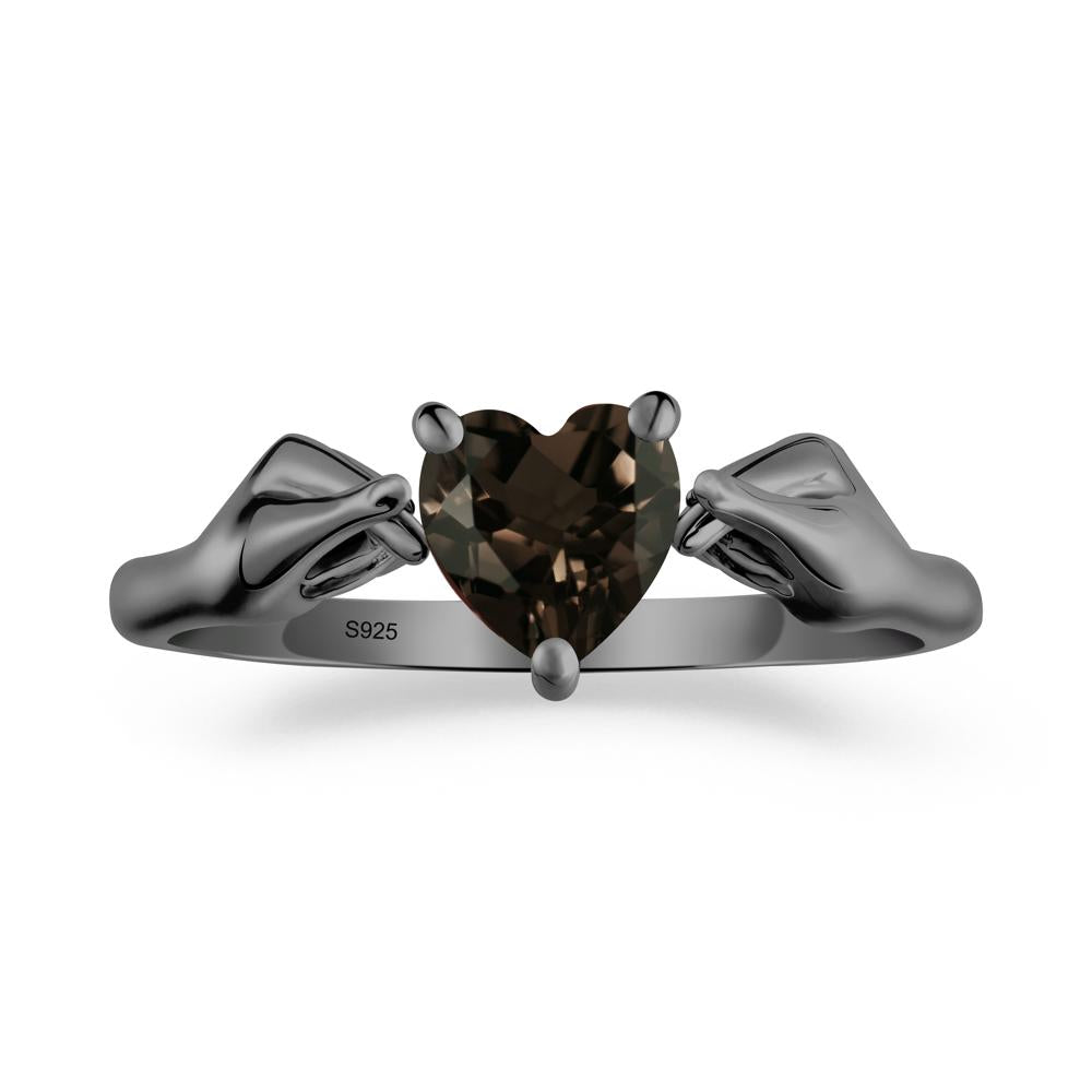 Heart Shaped Smoky Quartz Ring with Finger Heart - LUO Jewelry #metal_black finish sterling silver