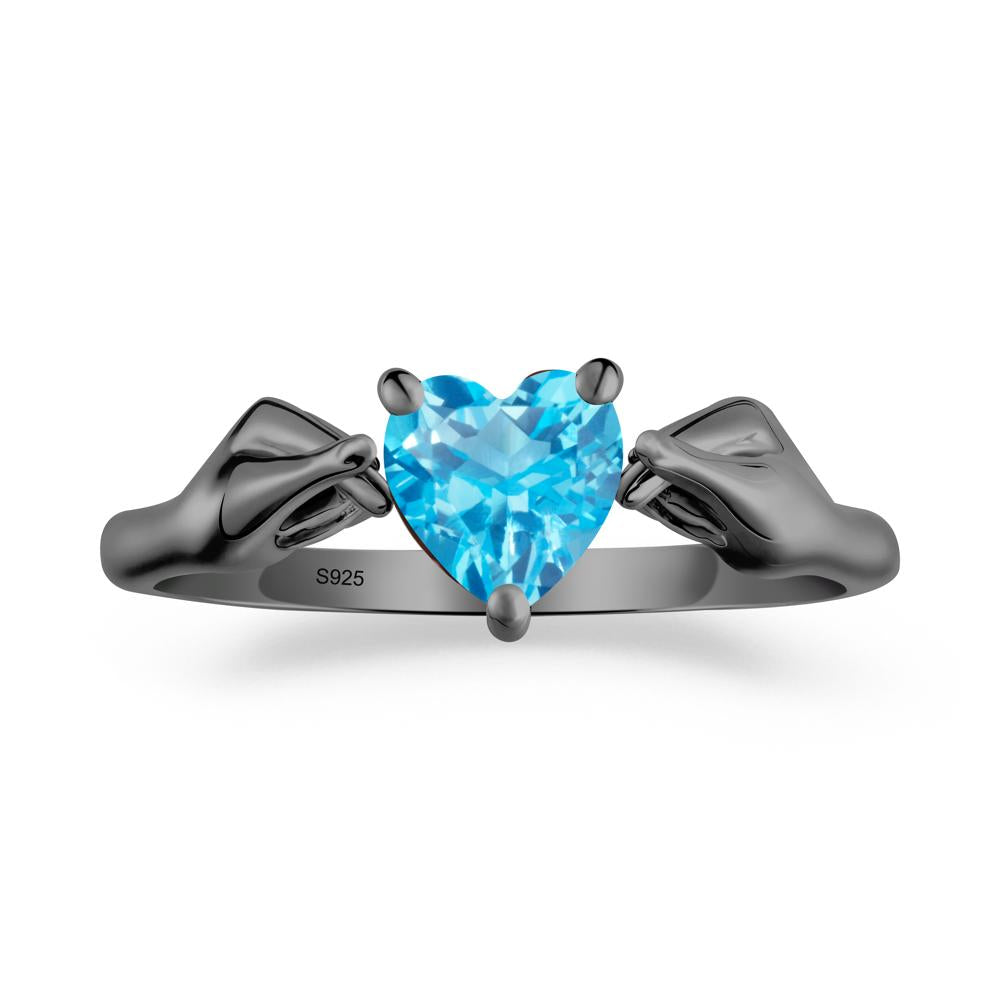 Heart Shaped Swiss Blue Topaz Ring with Finger Heart - LUO Jewelry #metal_black finish sterling silver