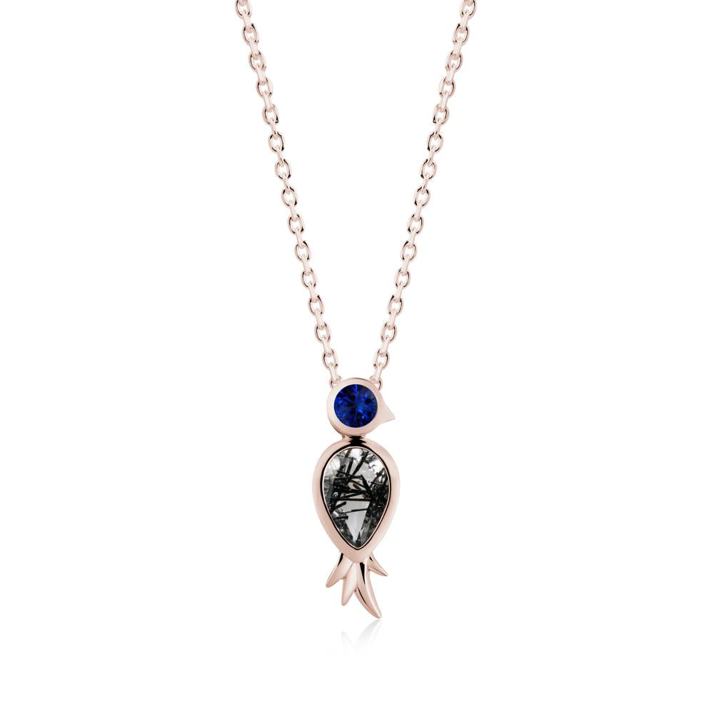 Pear Shaped Black Rutilated Quartz and Sapphire Bird Pendant Neckalce - LUO Jewelry #metal_14k rose gold