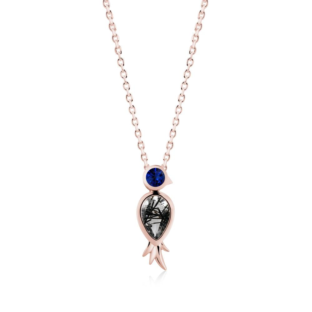 Pear Shaped Black Rutilated Quartz and Sapphire Bird Pendant Neckalce - LUO Jewelry #metal_18k rose gold