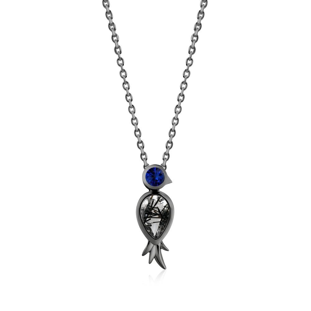 Pear Shaped Black Rutilated Quartz and Sapphire Bird Pendant Neckalce - LUO Jewelry #metal_black finish sterling silver