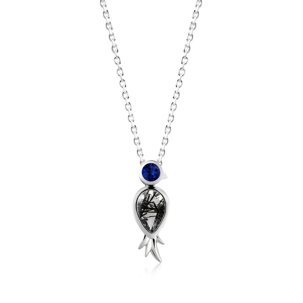 Pear Shaped Black Rutilated Quartz and Sapphire Bird Pendant Neckalce - LUO Jewelry #metal_sterling silver
