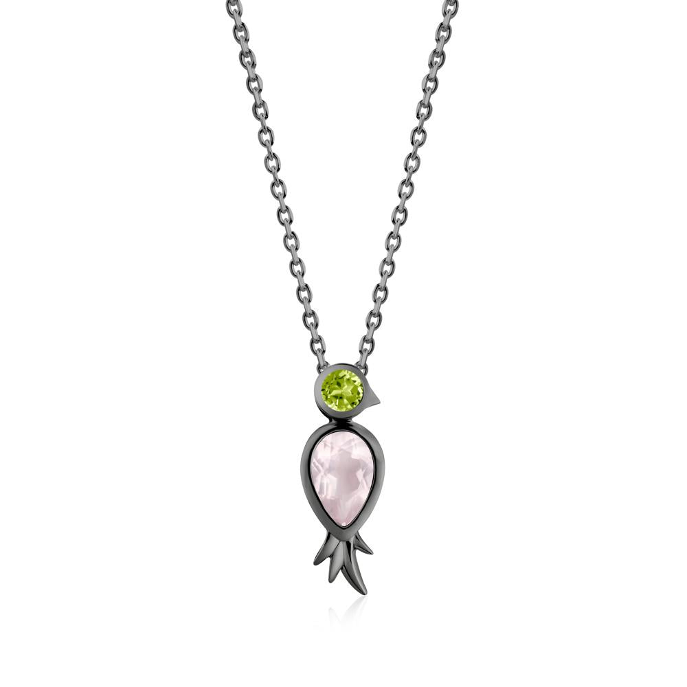 Bird Inspired Teardrop Cut Rose Quartz and Peridot Necklace - LUO Jewelry #metal_black finish sterling silver