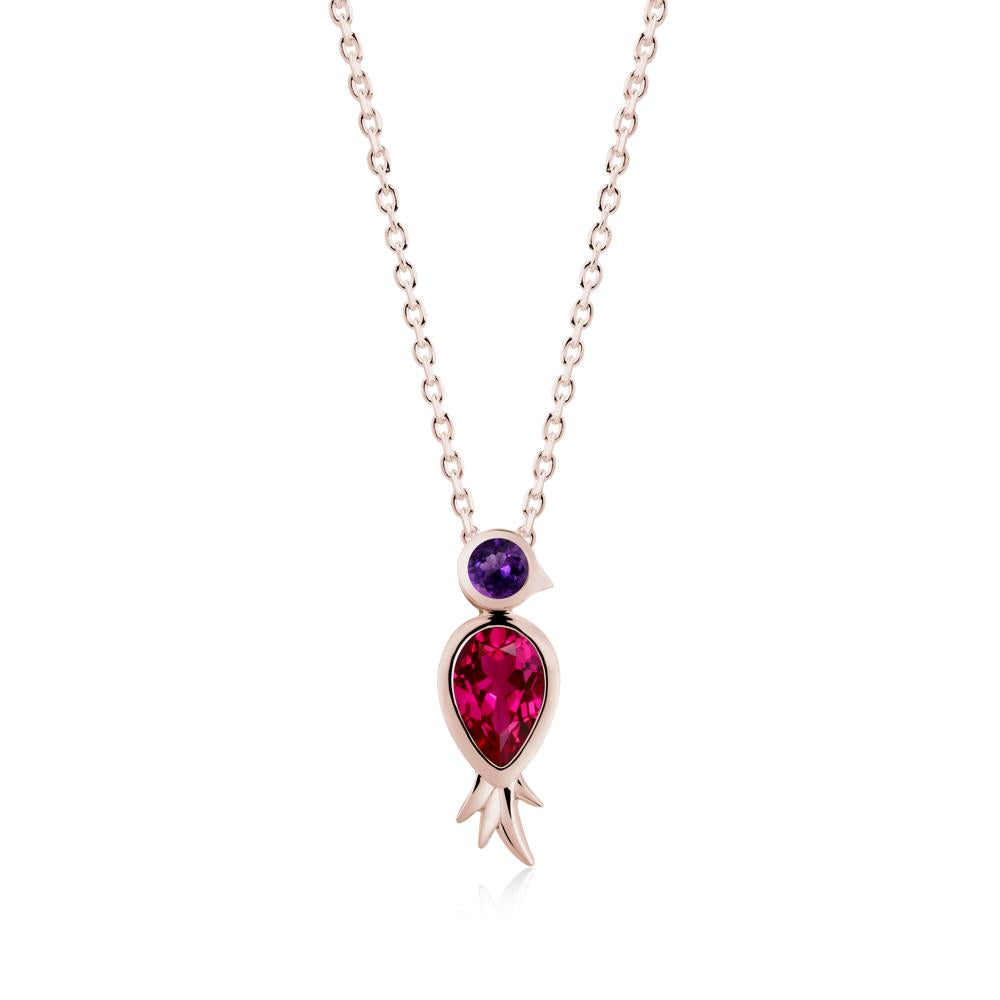 Pear Shaped Ruby and Amethyst Bird Pendant Neckalce - LUO Jewelry #metal_14k rose gold