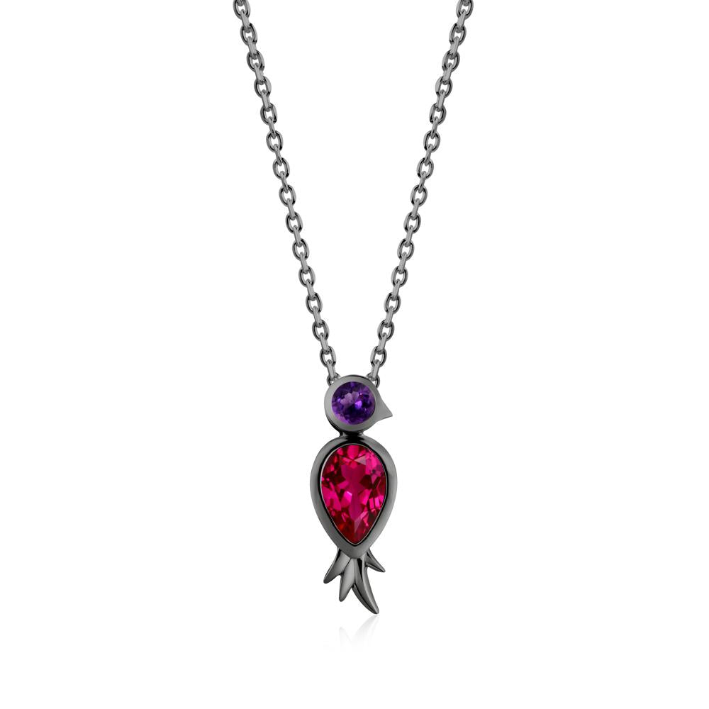Pear Shaped Ruby and Amethyst Bird Pendant Neckalce - LUO Jewelry #metal_black finish sterling silver