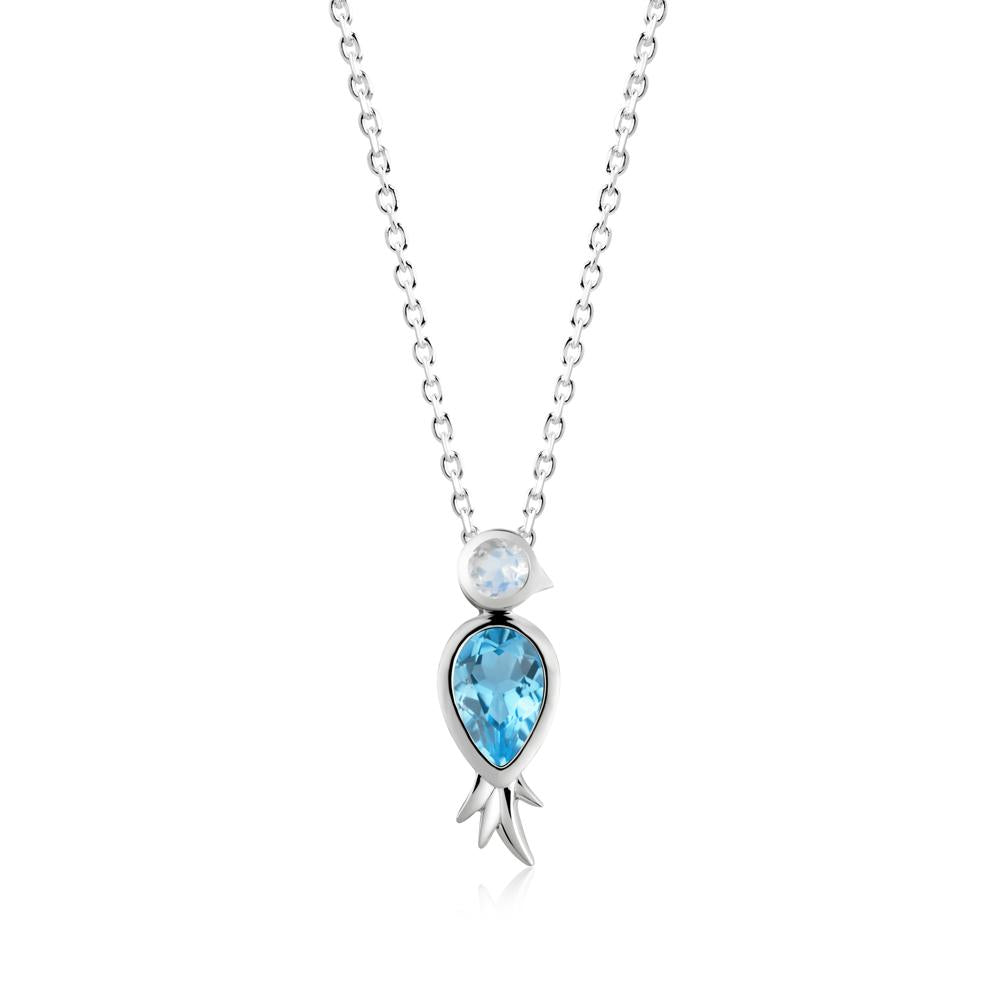Pear Shaped Swiss Blue Topaz and Moonstone Bird Pendant Neckalce - LUO Jewelry #metal_14k white gold